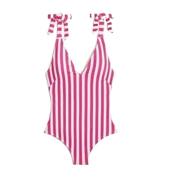 NWT! J. Crew Wild Berry White Striped Tie-Shoulder One-Piece Swimsuit. Size 3X - Picture 1 of 8